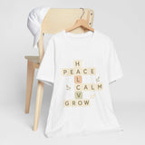 Peace Calm Grow Crossword Tee – Inspirational Word Puzzle T-Shirt