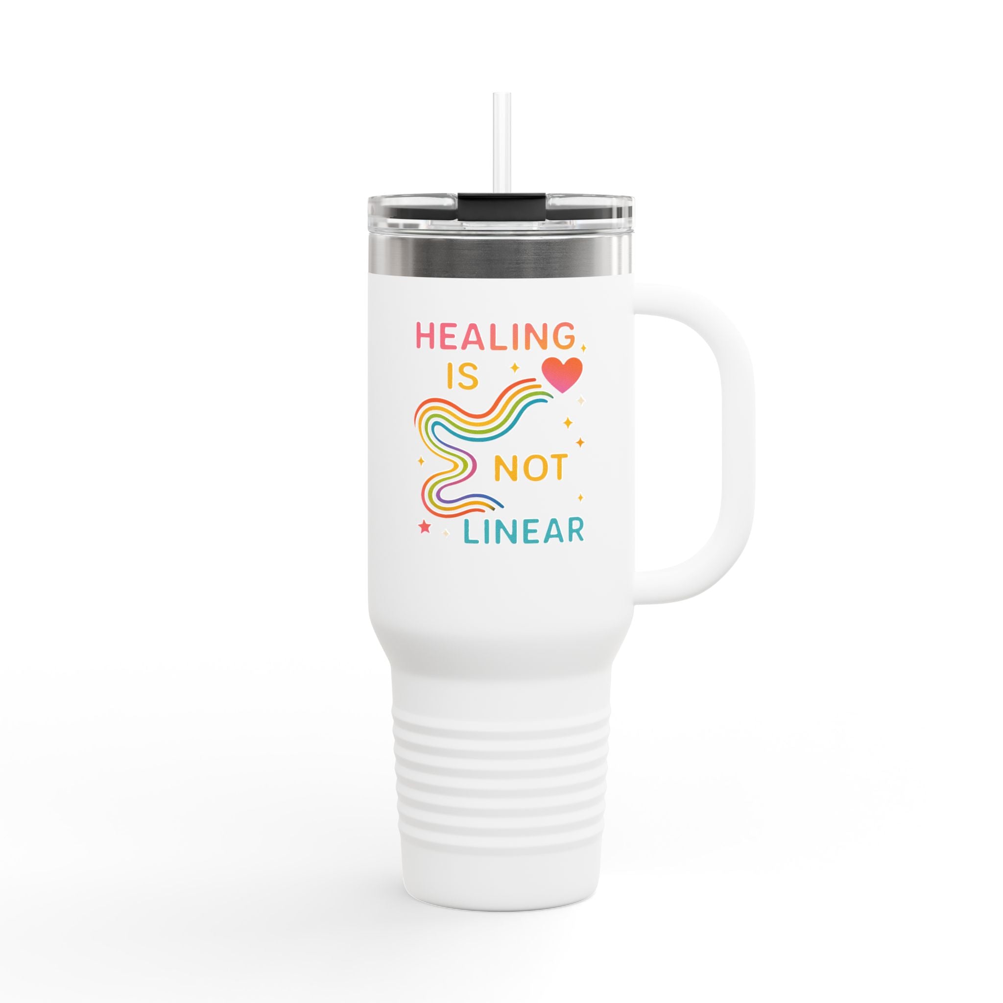 Healing Is Not Linear Insulated Travel Mug | 40oz | Motivational Coffee Cup, Wellness Beverages, Rainbows Gift, Supportive Mug, Self-Care