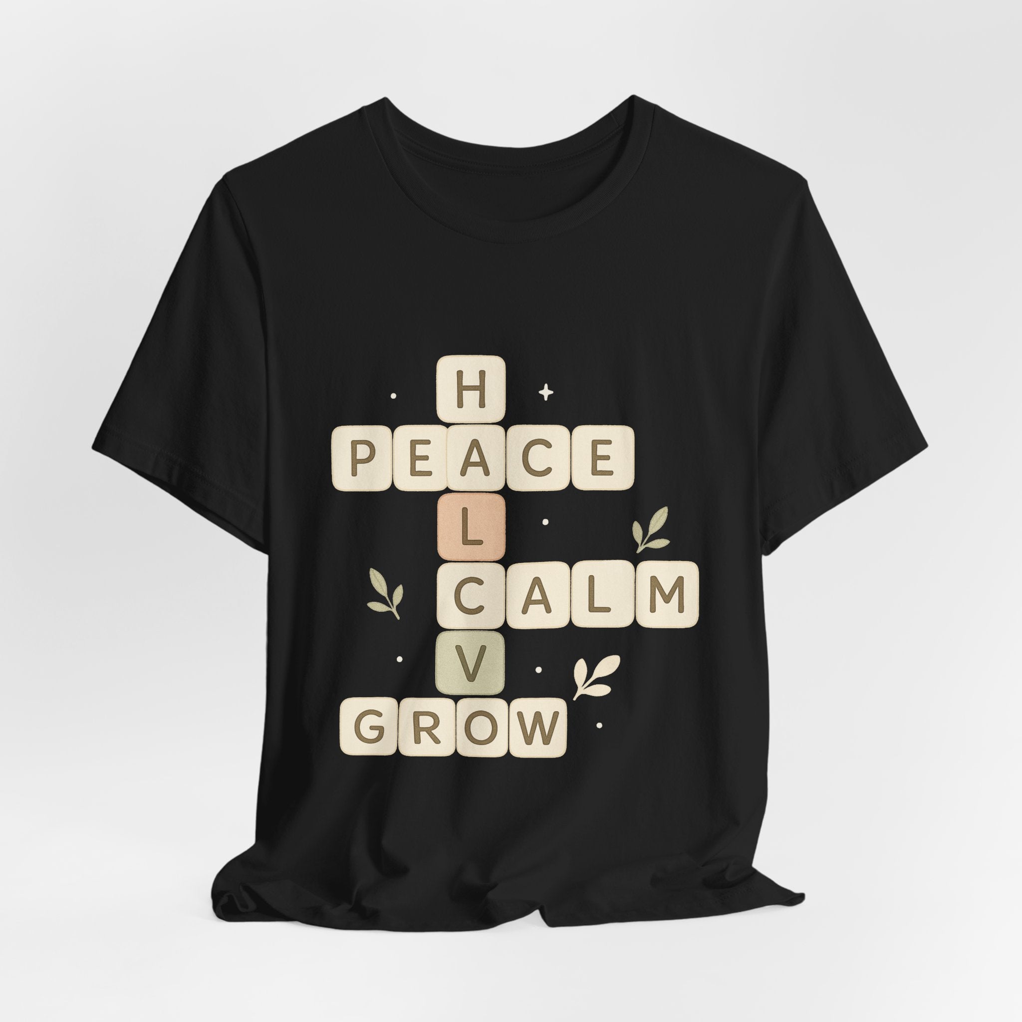 Peace Calm Grow Crossword Tee – Inspirational Word Puzzle T-Shirt